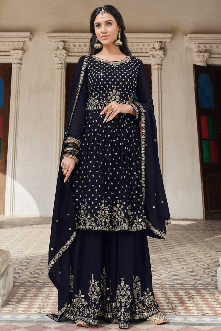 Glorious Embroidered Work On Georgette Fabric Navy Blue Color Function Wear Palazzo Suit