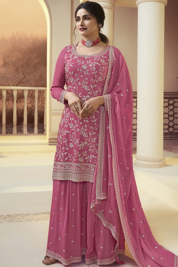 Prachi Desai Amazing Pink Color Chinon Fabric Palazzo Suit