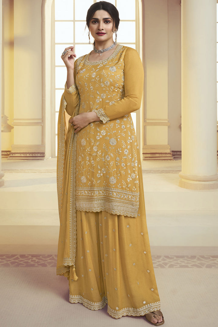 Prachi Desai Yellow Color Chinon Fabric Chic Palazzo Suit