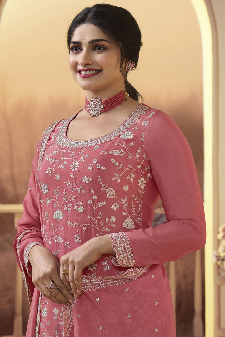 Prachi Desai Soothing Peach Color Chinon Fabric Palazzo Suit
