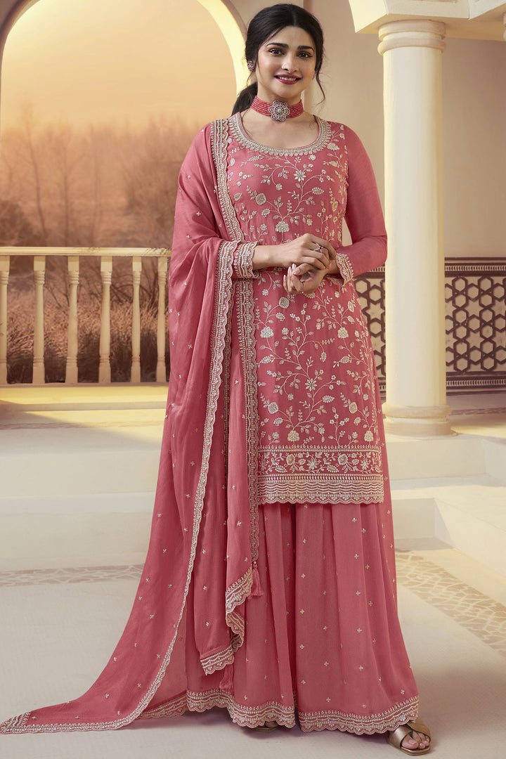 Prachi Desai Soothing Peach Color Chinon Fabric Palazzo Suit