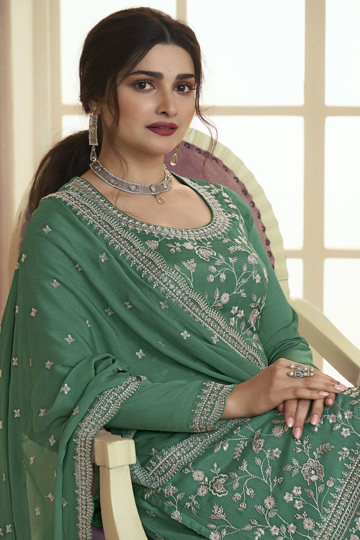 Prachi Desai Chinon Fabric Green Color Gorgeous Palazzo Suit