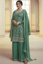 Load image into Gallery viewer, Prachi Desai Chinon Fabric Green Color Gorgeous Palazzo Suit
