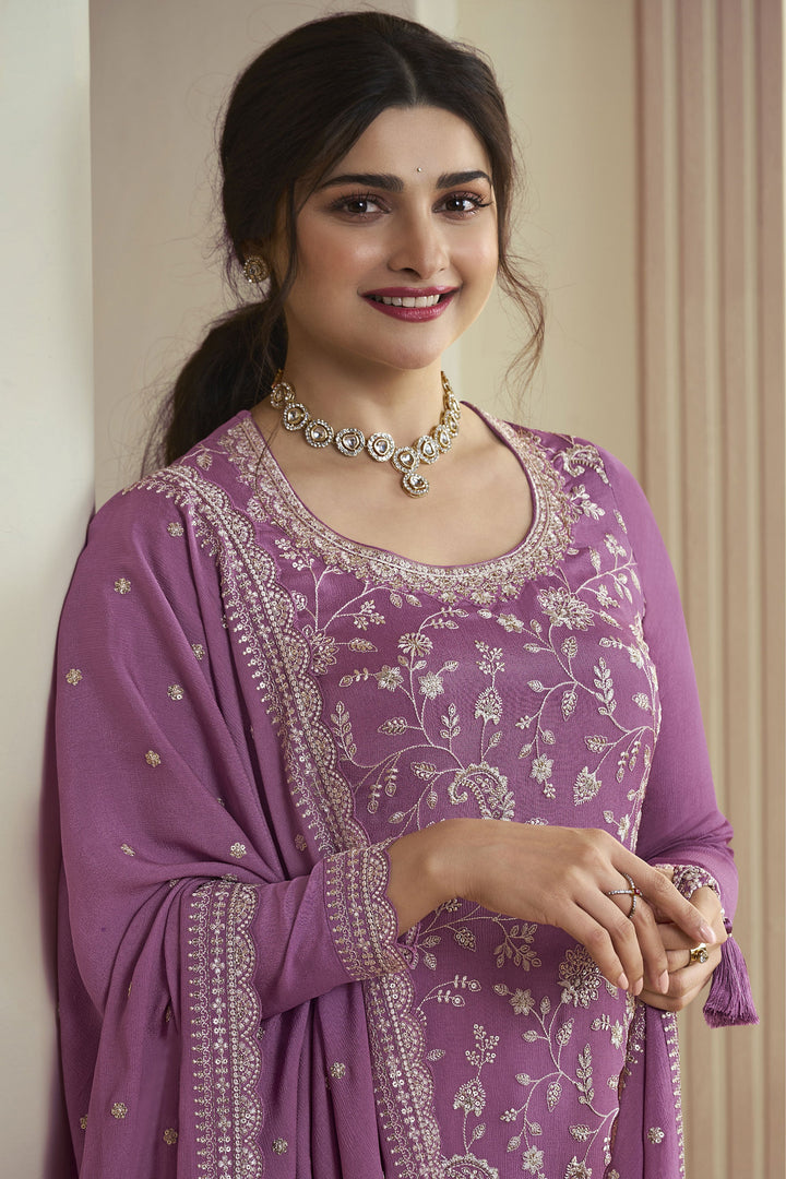 Prachi Desai Graceful Chinon Fabric Lavender Color Palazzo Suit