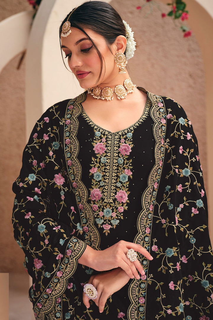 Alluring Georgette Fabric Black Color Embroidered Palazzo Suit