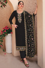 Load image into Gallery viewer, Alluring Georgette Fabric Black Color Embroidered Palazzo Suit
