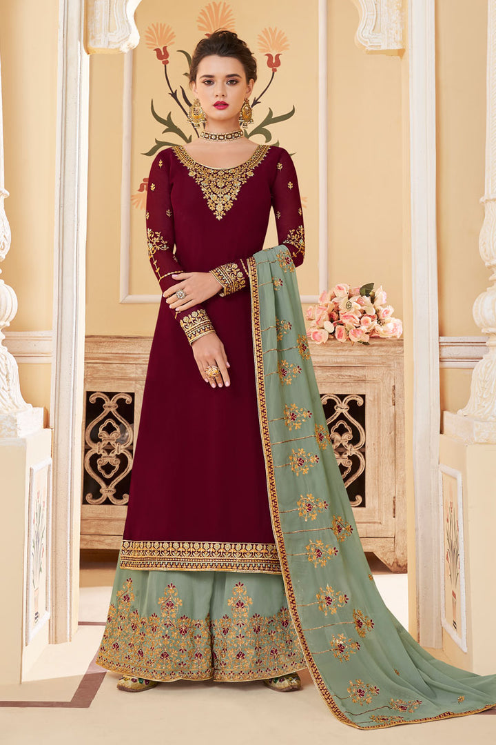 Georgette Maroon Color Party Wear Embroidered Fancy Palazzo Suit