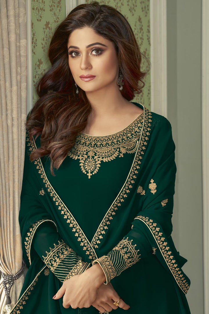 Shamita Shetty Party Style Fancy Embroidered Dark Green Color Palazzo Suit