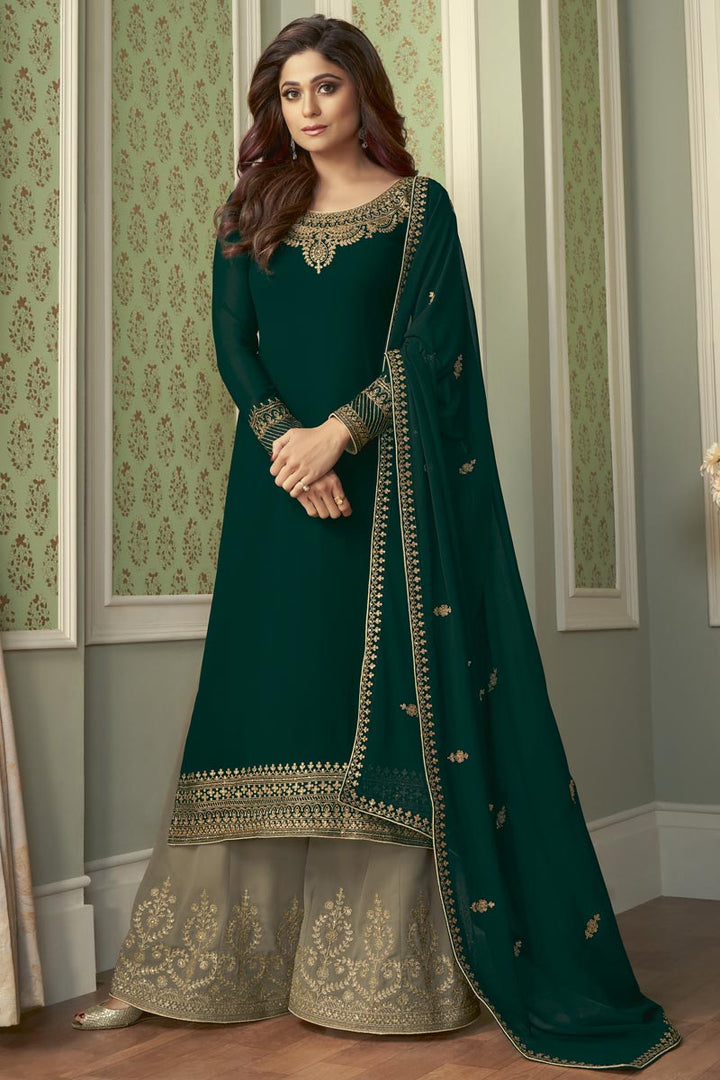 Shamita Shetty Party Style Fancy Embroidered Dark Green Color Palazzo Suit