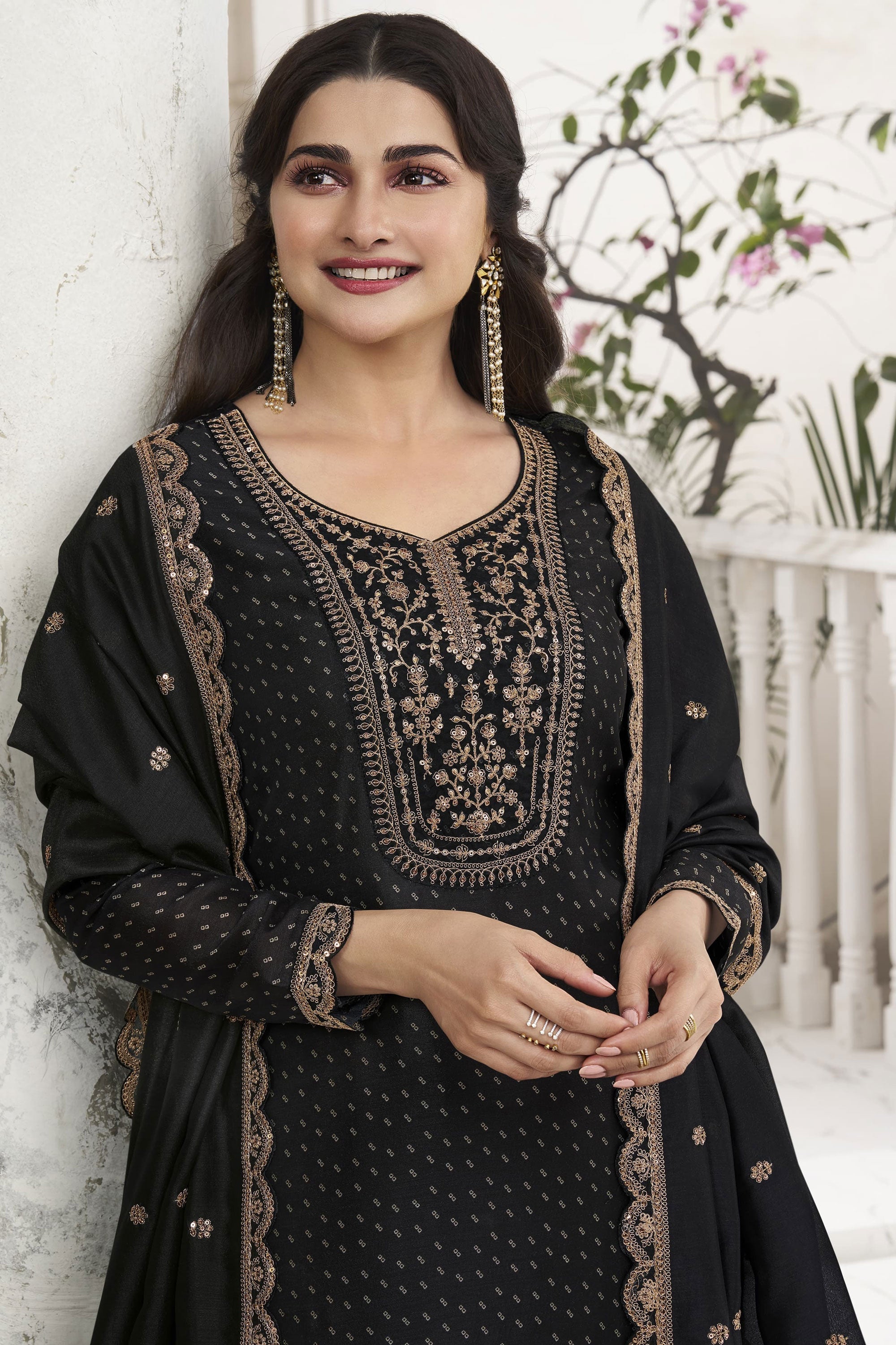 Prachi Desai Black Color Embroidered Straight Cut Salwar Suit In Georgette Silk Fabric