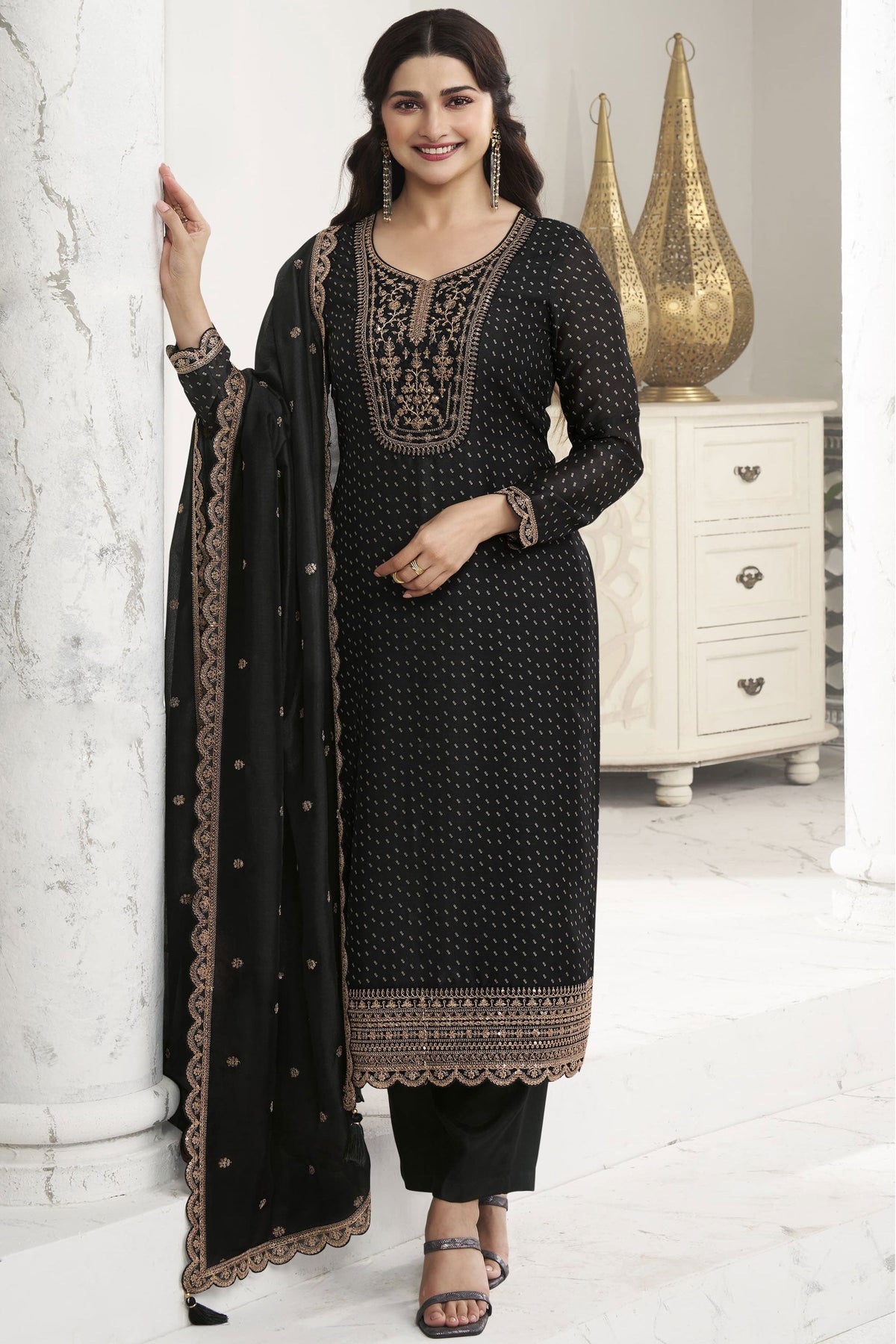 Prachi Desai Black Color Embroidered Straight Cut Salwar Suit In Georgette Silk Fabric