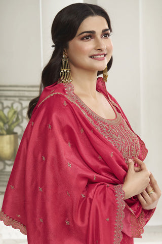 Prachi Desai Embroidered Georgette Silk Fabric Straight Cut Salwar Suit In Pink Color