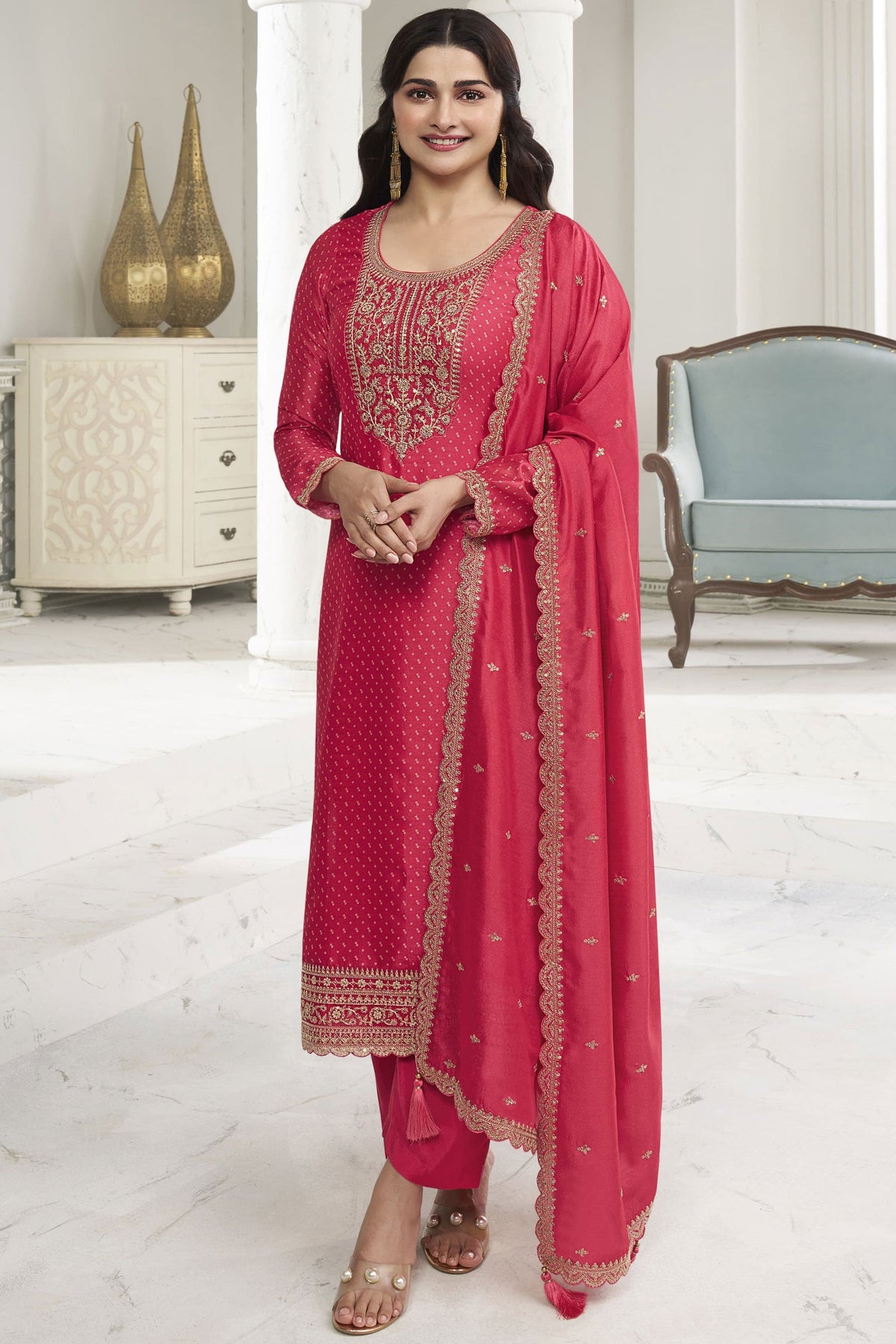 Prachi Desai Embroidered Georgette Silk Fabric Straight Cut Salwar Suit In Pink Color