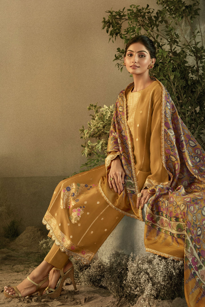 Banarasi Fabric Adorming Party Look Salwar Suit In Mustard Color