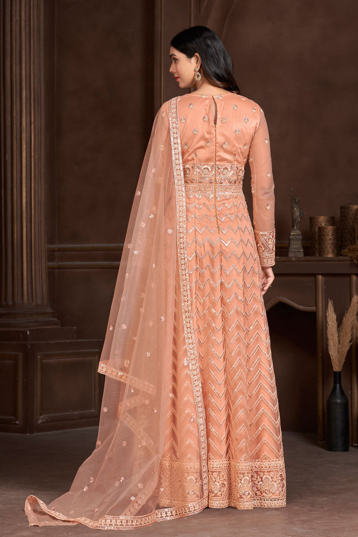 Net Fabric Peach Color Beatific Function Wear Readymade Anarkali Suit