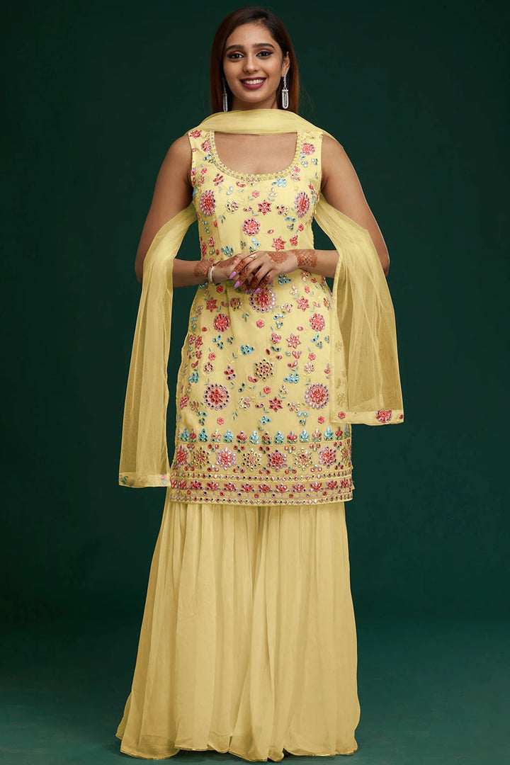 Georgette Fabric Yellow Color Luminous Embroidered Sharara Suit