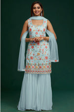 Load image into Gallery viewer, Light Cyan Color Georgette Fabric Charismatic Embroidered Sharara Suit
