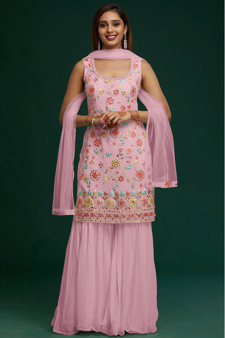 Pink Color Georgette Fabric Spectacular Embroidered Sharara Suit