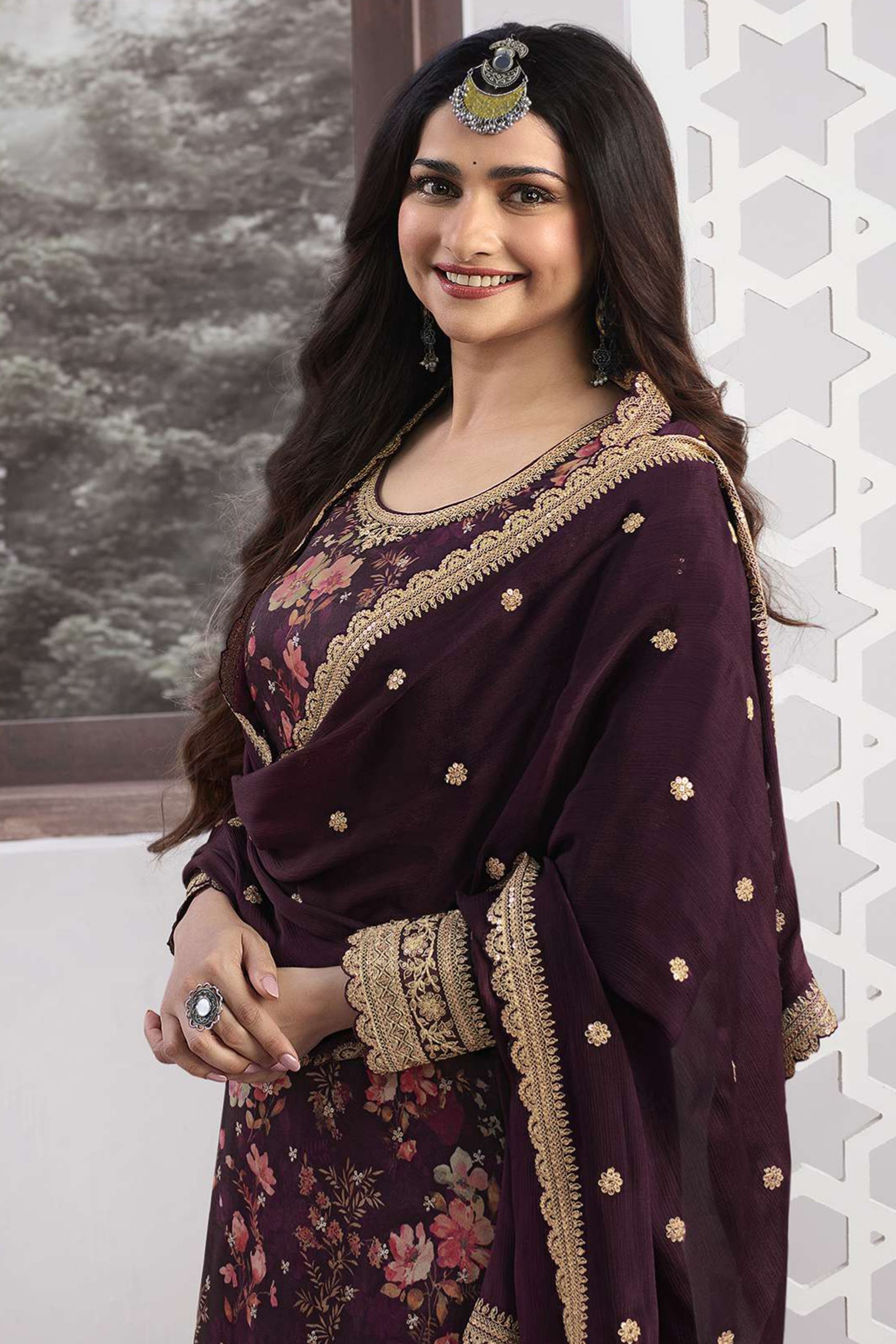 Prachi Desai Purple Color Georgette Fabric Embroidered Readymade Sharara Style Palazzo Salwar Kameez