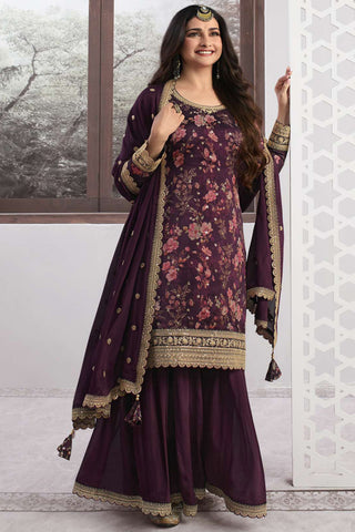 Prachi Desai Purple Color Georgette Fabric Embroidered Readymade Sharara Style Palazzo Salwar Kameez