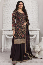 Load image into Gallery viewer, Prachi Desai Embroidered Sangeet Wear Readymade Sharara Style Palazzo Salwar Kameez In Georgette Fabric Brown Color
