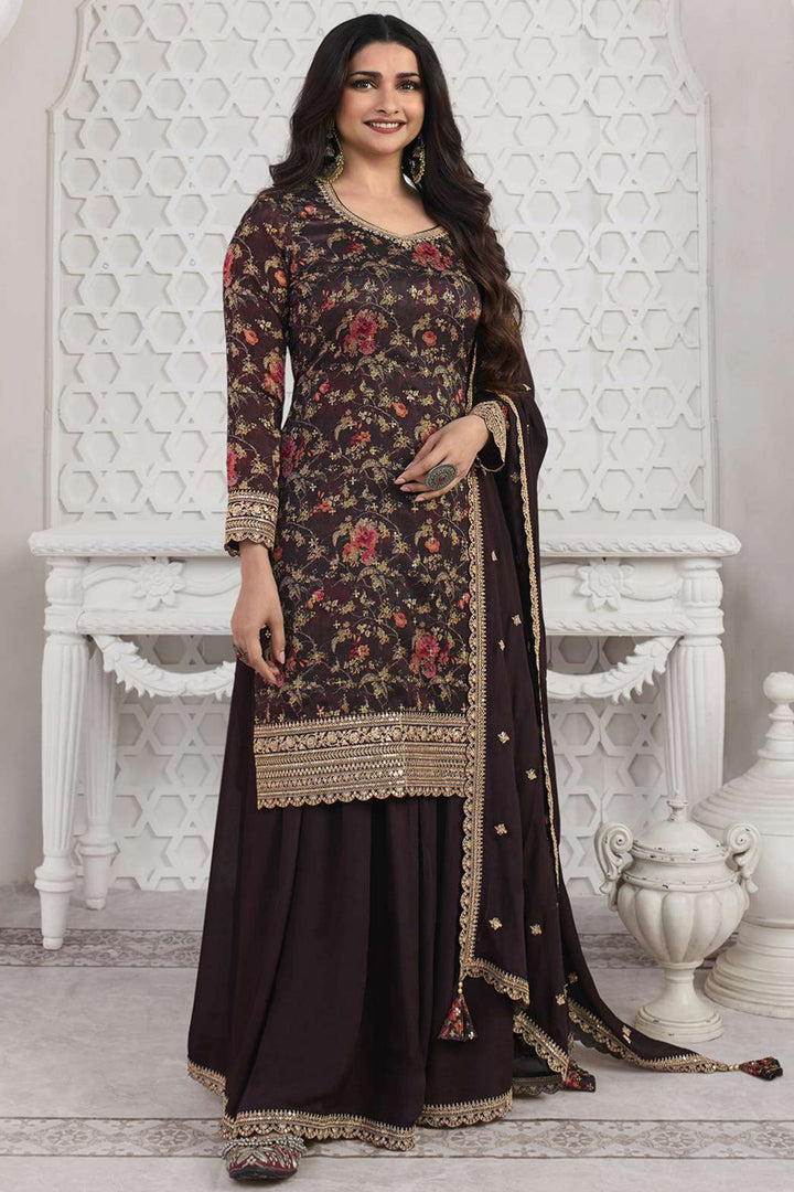 Prachi Desai Embroidered Sangeet Wear Readymade Sharara Style Palazzo Salwar Kameez In Georgette Fabric Brown Color