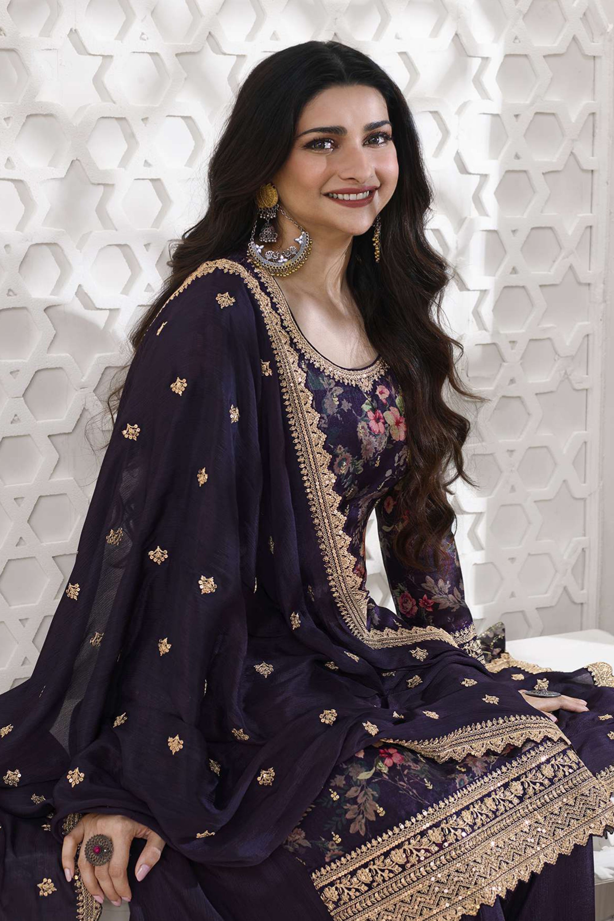 Prachi Desai Georgette Fabric Navy Blue Color Embroidered Function Wear Readymade Sharara Style Palazzo Salwar Suit