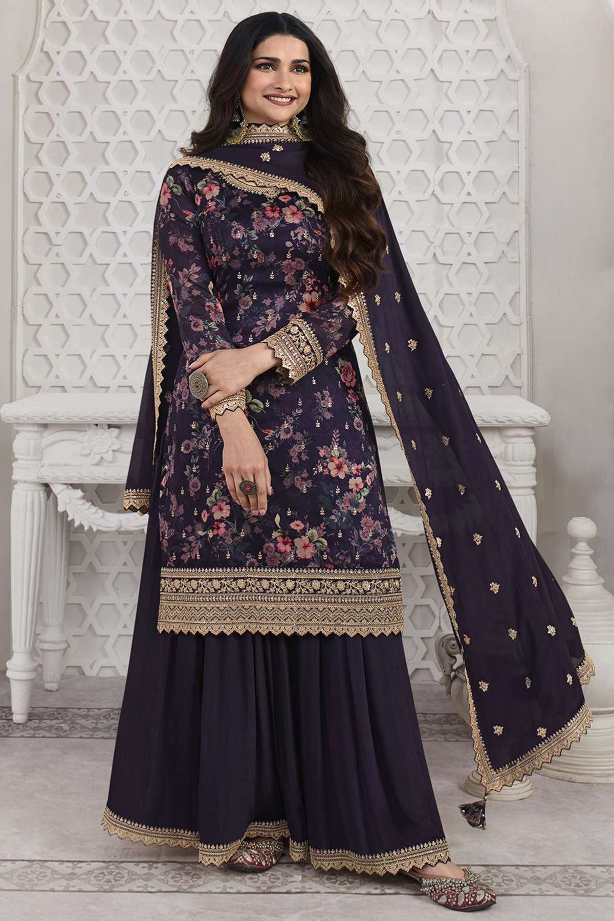 Prachi Desai Georgette Fabric Navy Blue Color Embroidered Function Wear Readymade Sharara Style Palazzo Salwar Suit