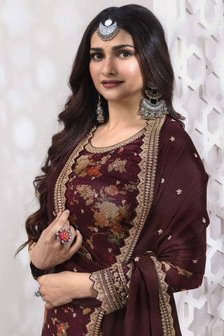 Prachi Desai Party Wear Maroon Color Readymade Sharara Style Palazzo Salwar Suit In Georgette Fabric