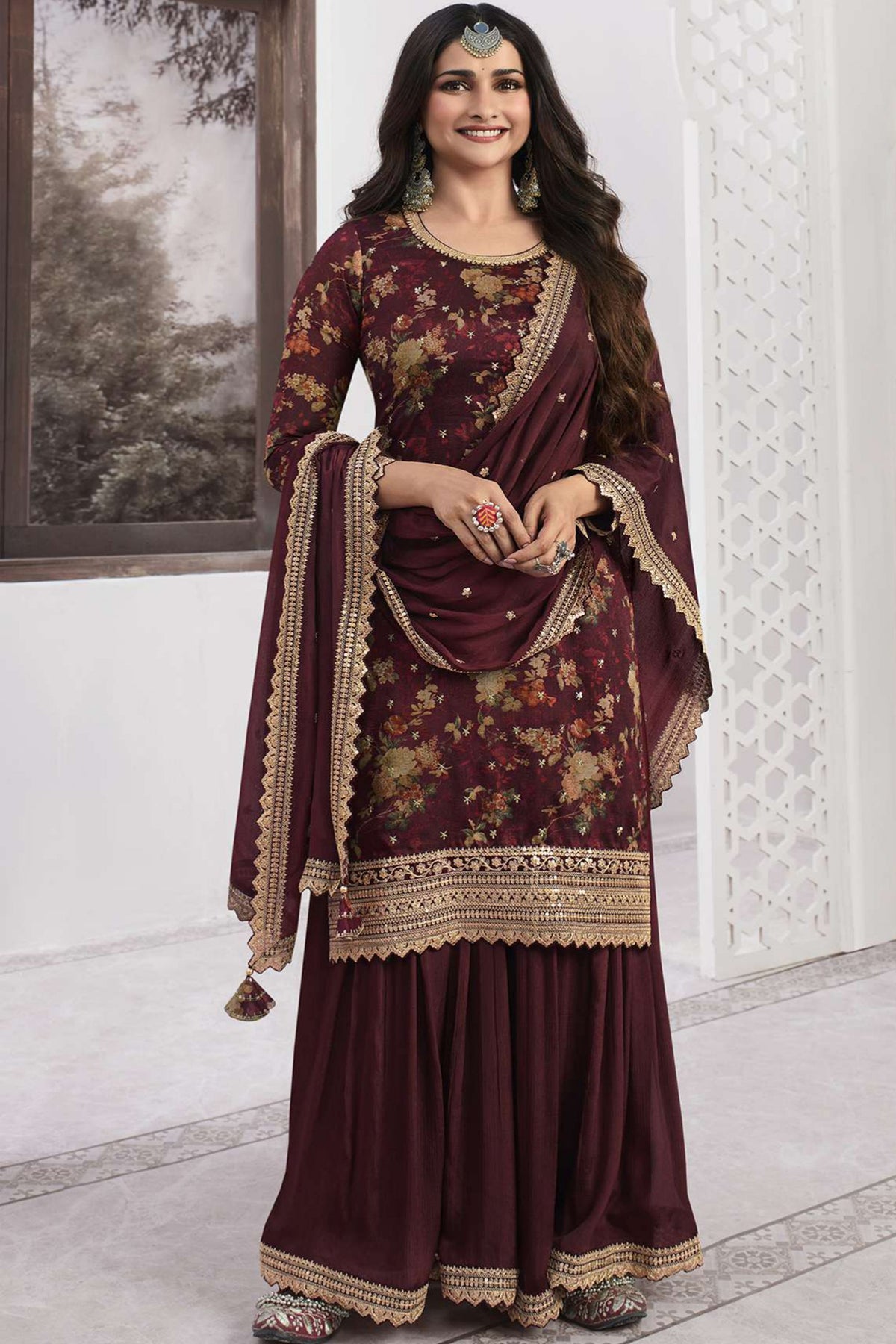 Prachi Desai Party Wear Maroon Color Readymade Sharara Style Palazzo Salwar Suit In Georgette Fabric