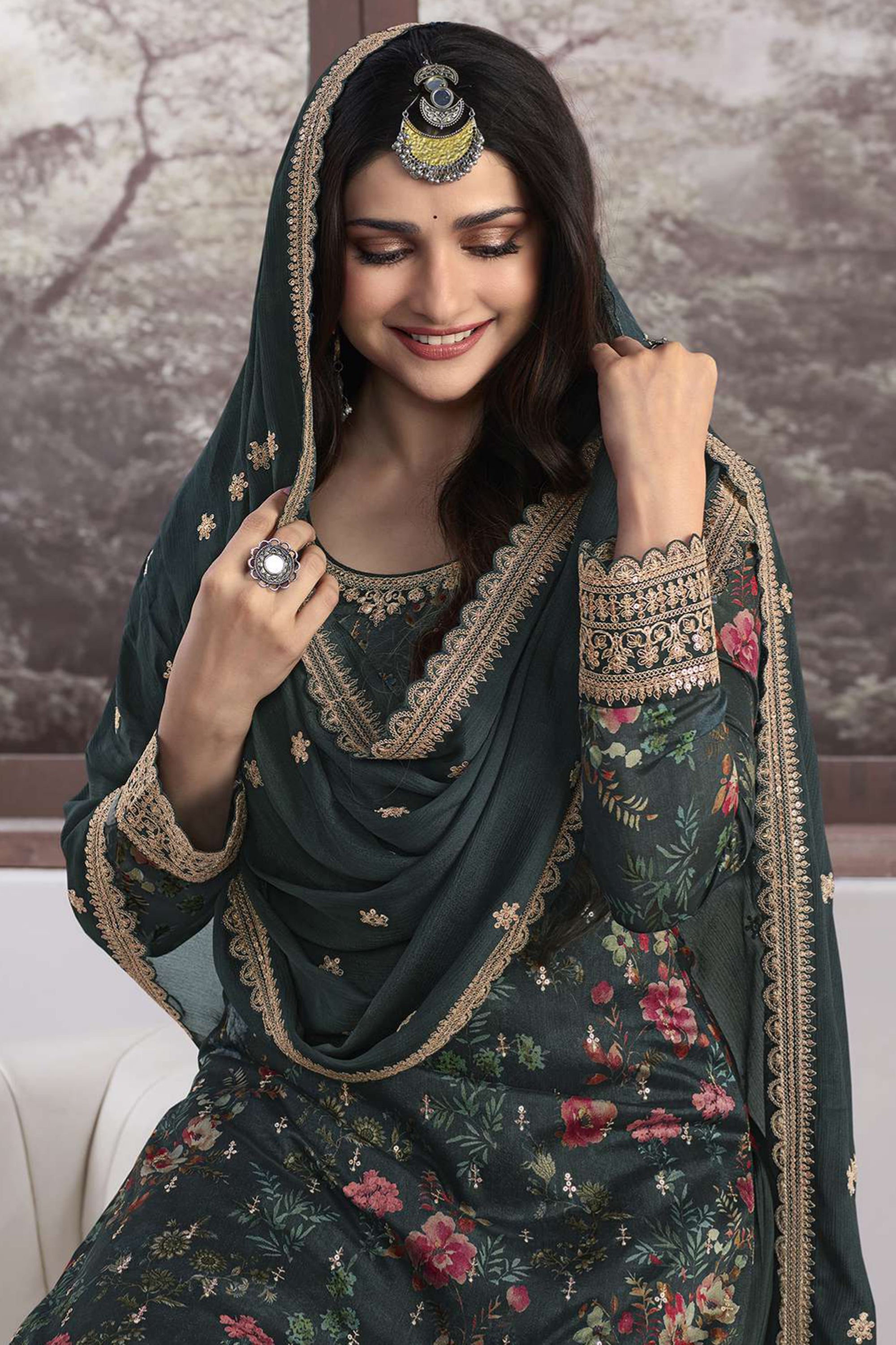 Prachi Desai Teal Color Embroidered Readymade Sharara Style Palazzo Salwar Suit In Georgette Fabric