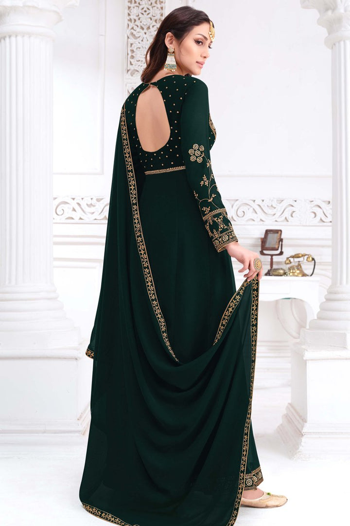 Dark Green Color Georgette Fabric Fancy Embroidered Function Wear Anarkali Suit