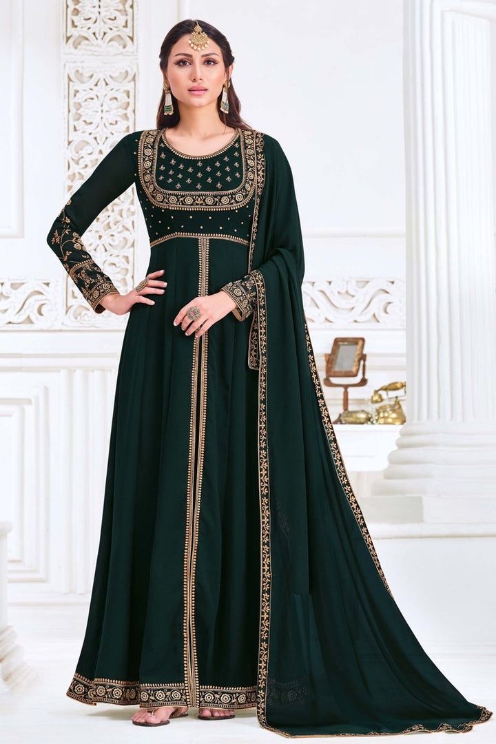 Dark Green Color Georgette Fabric Fancy Embroidered Function Wear Anarkali Suit