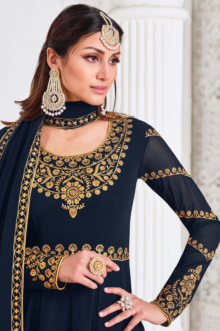 Navy Blue Color Function Wear Embroidered Georgette Fabric Anarkali Suit