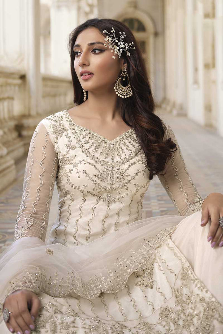 Embroidered Work Party Wear Off White Color Lavish Palazzo Suit With Net Fabric