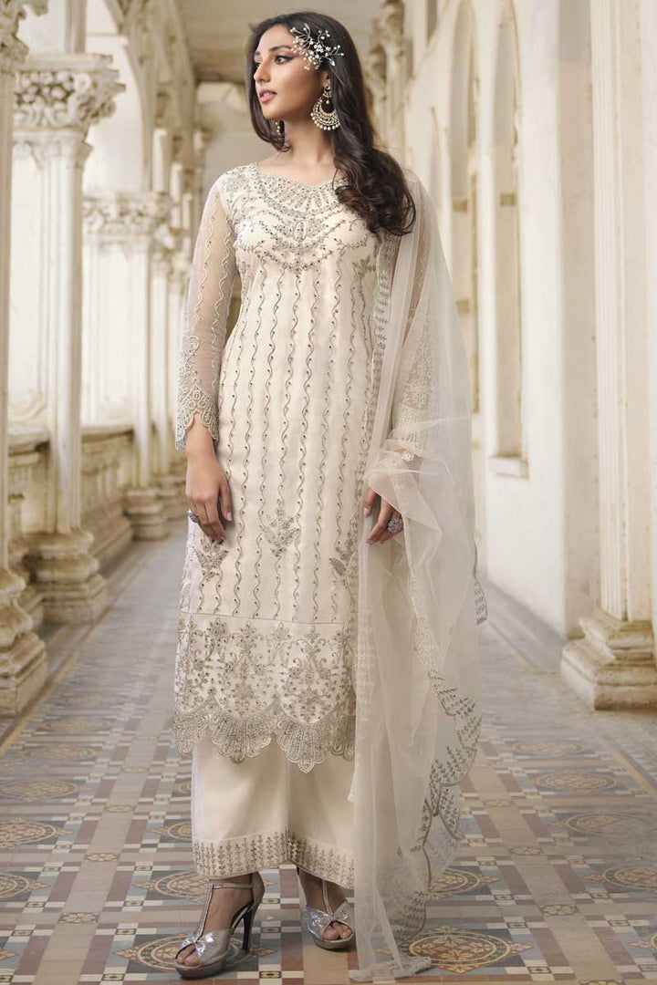 Embroidered Work Party Wear Off White Color Lavish Palazzo Suit With Net Fabric