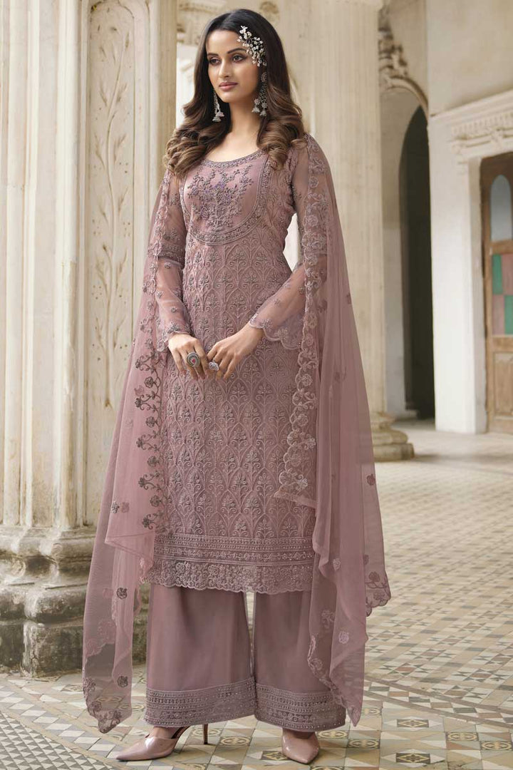 Pink Color Elegant Embroidered Work Party Wear Palazzo Suit In Net Fabric