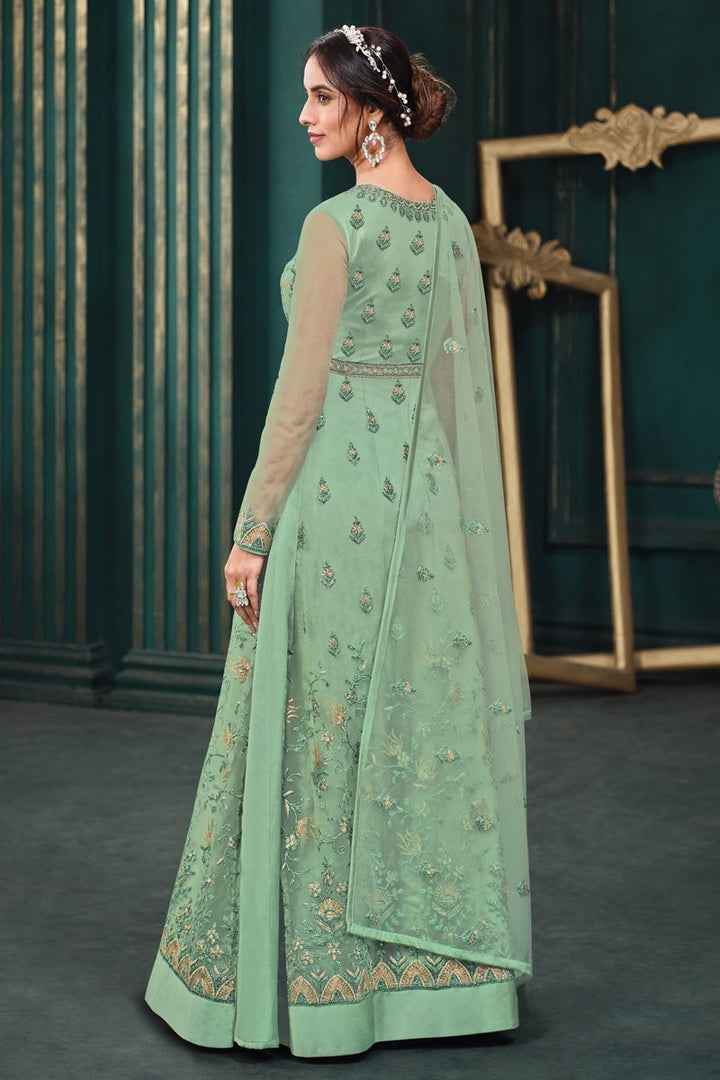 Reception Wear Net Fabric Sea Green Color Embroidered Designer Anarkali Suit
