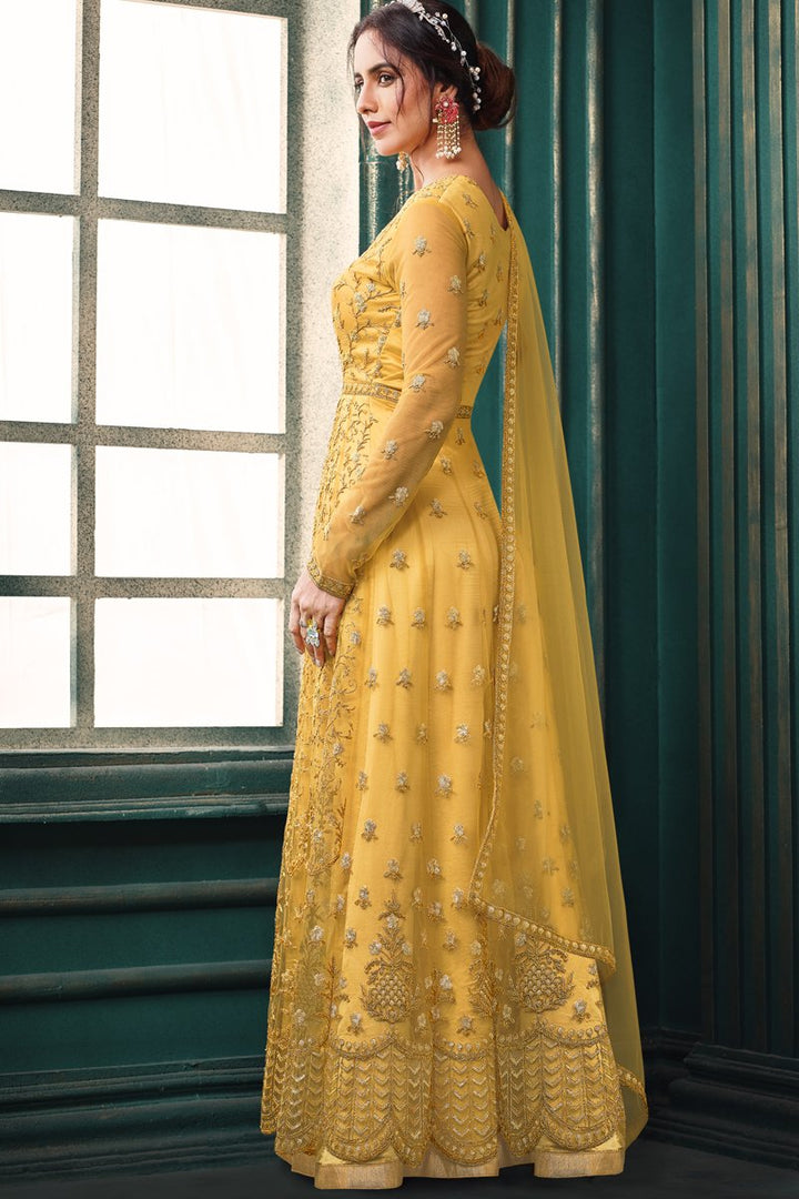 Yellow Color Net Fabric Fancy Embroidered Function Wear Designer Anarkali Suit