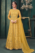 Load image into Gallery viewer, Yellow Color Net Fabric Fancy Embroidered Function Wear Designer Anarkali Suit

