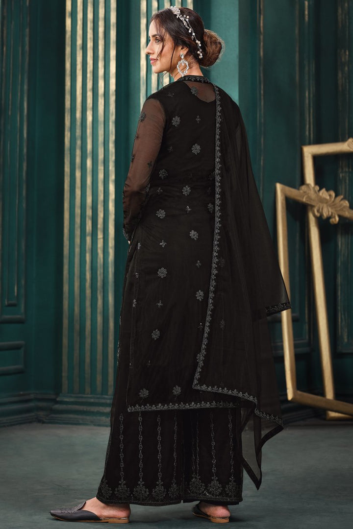 Black Color Net Fabric Sangeet Wear Embroidered Designer Palazzo Suit