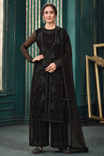 Load image into Gallery viewer, Black Color Net Fabric Sangeet Wear Embroidered Designer Palazzo Suit
