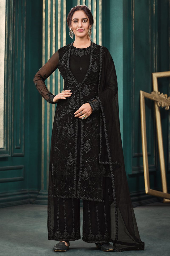 Black Color Net Fabric Sangeet Wear Embroidered Designer Palazzo Suit