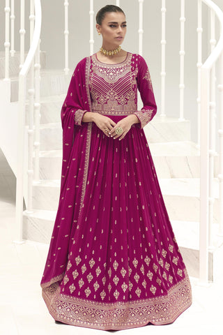 Georgette Fabric Magenta Color Party Wear Embroidered Readymade Long Anarkali Style Gown With Dupatta