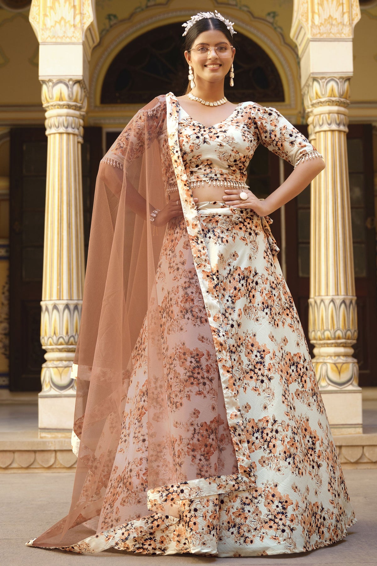 Beige Color Printed Sangeet Wear Lehenga Choli In Art Silk Fabric