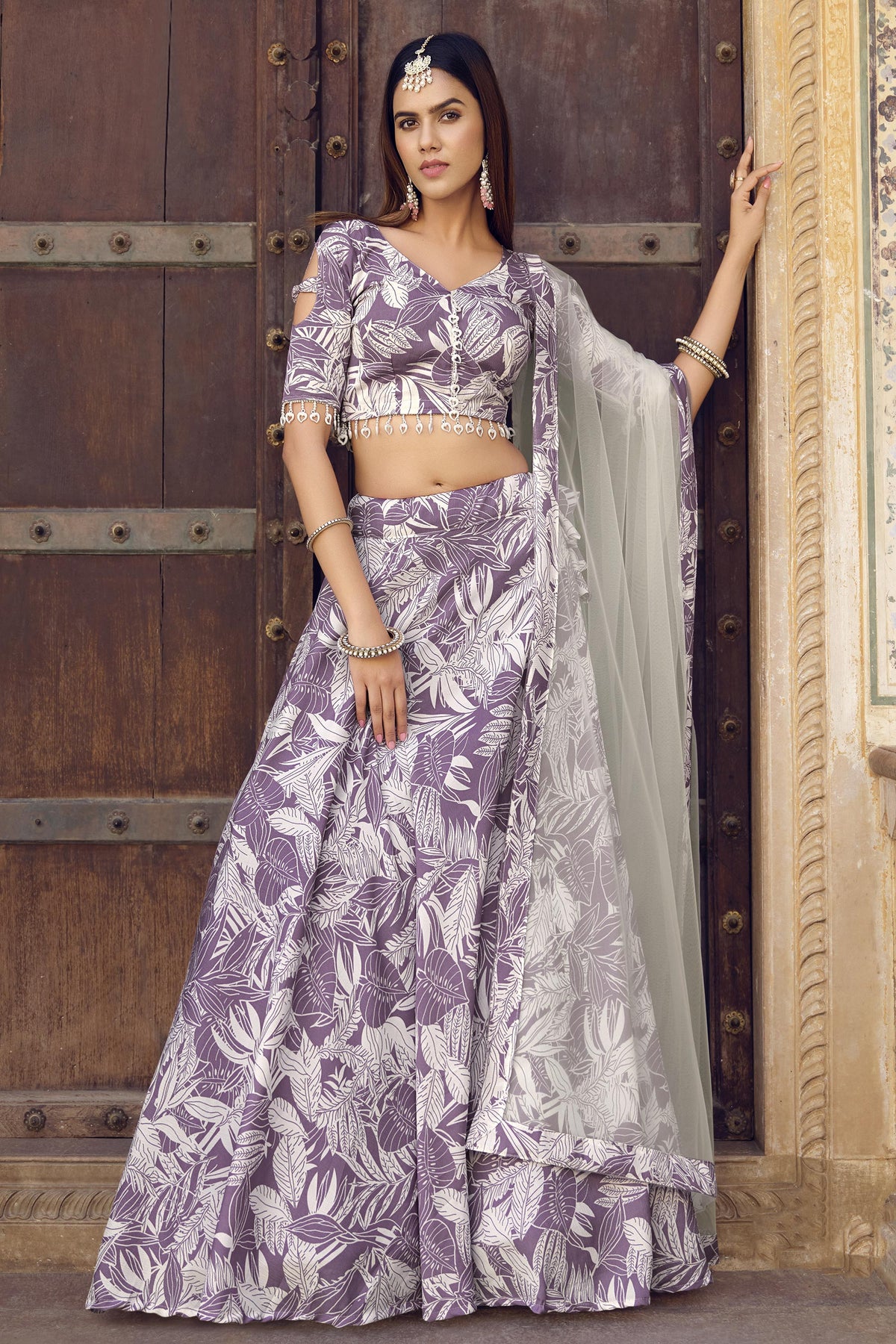 Printed Lavender Art Silk Sangeet Wear Lehenga Choli