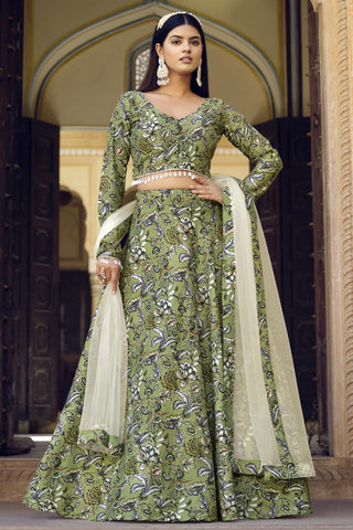 Art Silk Green Printed Designs 3 Piece Lehenga Choli