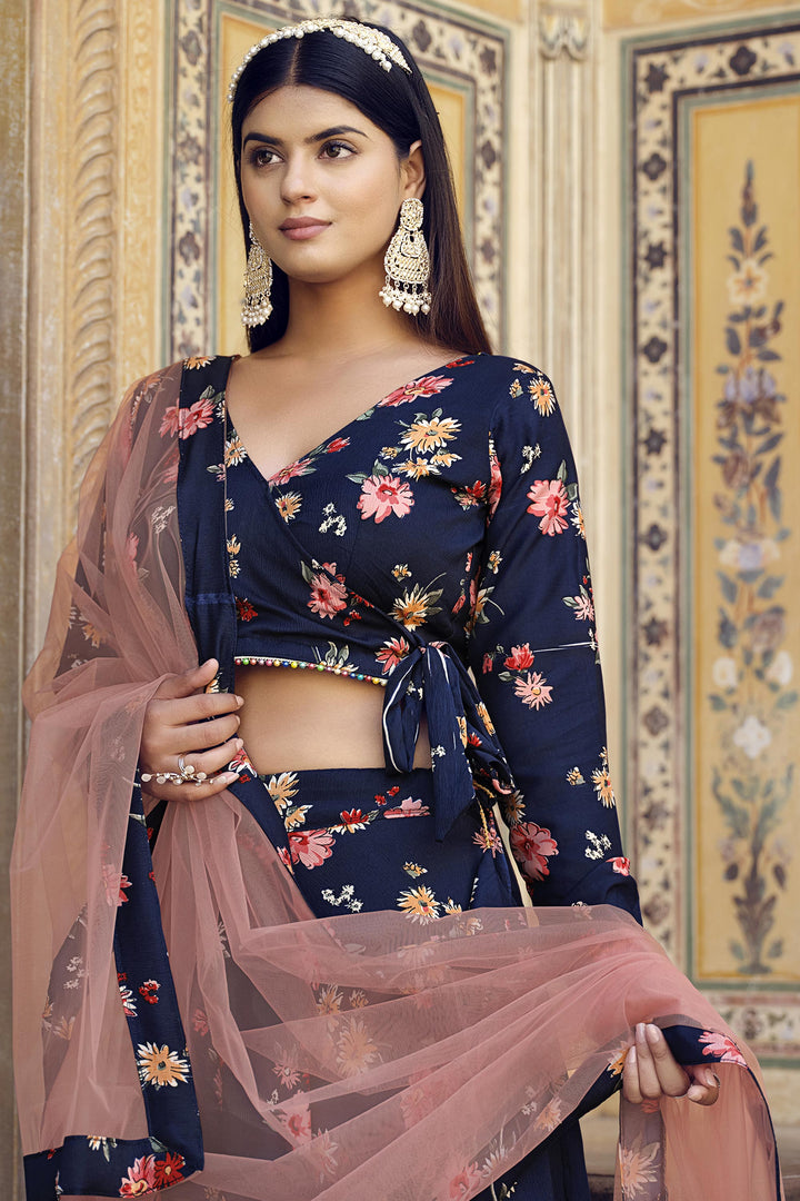 Printed Designs Navy Blue Art Silk Occasion Wear Lehenga Choli