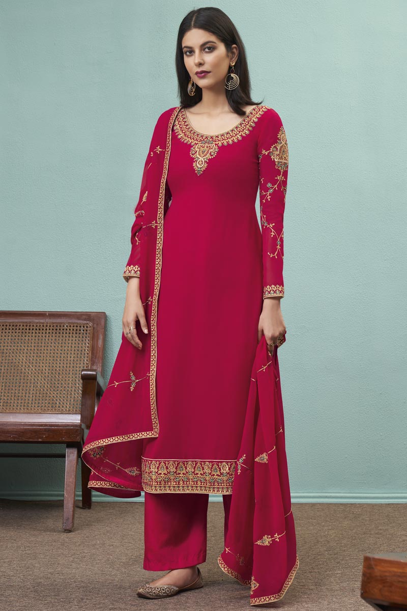 Georgette Sangeet Wear Chic Embroidered Palazzo Dress In Pink Color