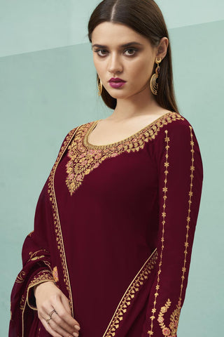 Maroon Color Sangeet Wear Chic Embroidered Georgette Palazzo Suit